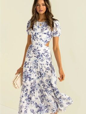 White and Blue Floral Puff-Sleeve Cutout Midi Dress - Women
